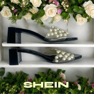 SHEIN l Pearl Endowed Black Heels, Sandals l 2 1/2” heel l 39 l EUC